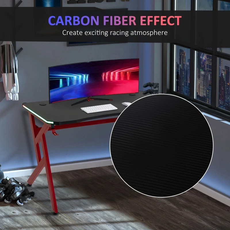HOMCOM 47 Inch Gaming Desk with LED Lights and Remote Control, Racing Style Computer Table, Home Office Workstation with Cup Holder Headphone Hook, Black and Red