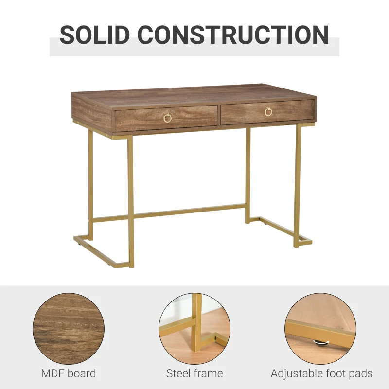 HOMCOM Modern Functional Computer Desk, Vanity Makeup Table with Two Drawers, Metal Frame, Wood Effect Top and Gold Leg for Bedroom, Office