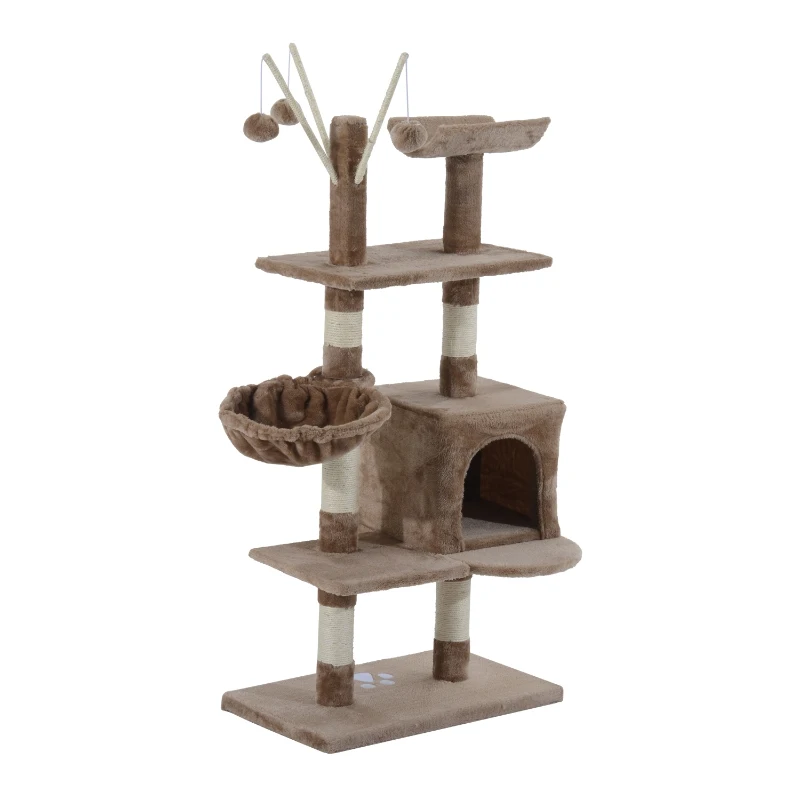 PawHut 53" Multi-Level Scratching Cat Tree Play House with Two Condos and Toys Light Brown