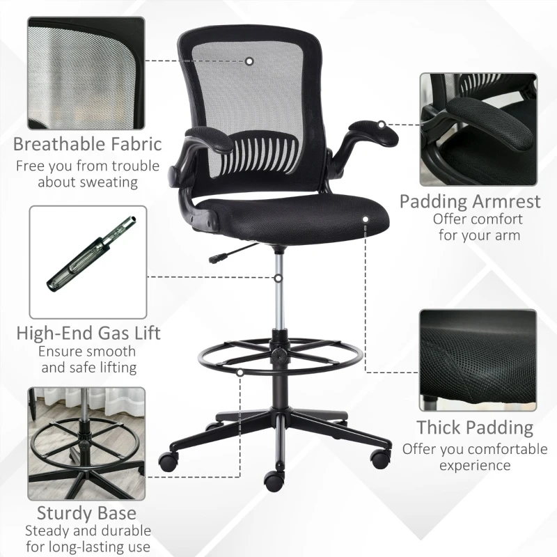 Vinsetto Tall Drafting Desk Chair Computer Desk Home Office Mesh Standing Chair with Mid Back, Foot Ring, Flip-up Arm, 360° Swivel Wheels, Black