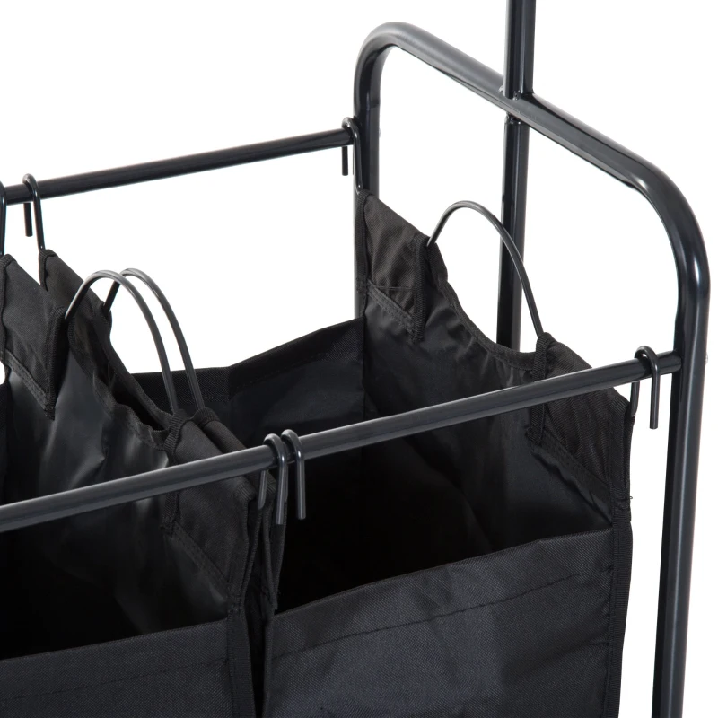 HOMCOM 4-Bag Rolling Laundry Sorter Cart Heavy Duty with Hanging Bar Large Washing Bag and Wheels Laundry Storage Black