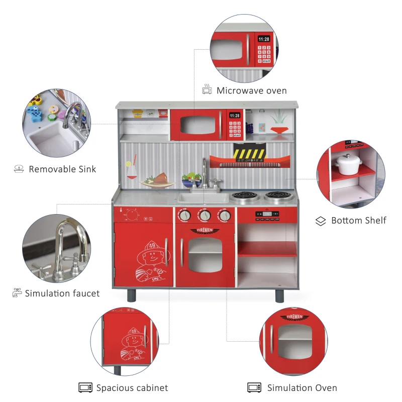 Qaba 2 in 1 Multifuction Kids Kitchen Play Set with Accessories Large Play Kitchen Red