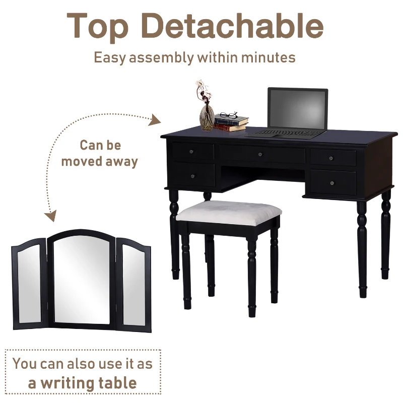 HOMCOM 63"H Elegant Vanity Table Set Tri-Fold Mirrored Make-Up Dressing Table with Cushioned Stool 5 Drawer Black