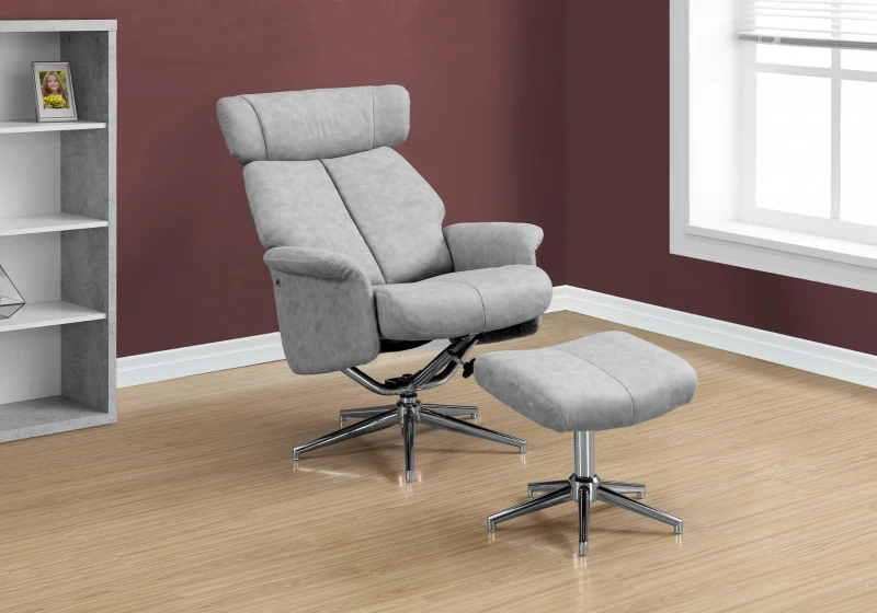 Monarch Retro Modern Upholstered Faux Suede Swivel Recliner with Matching Ottoman - Grey
