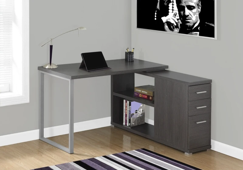 Monarch Contemporary Right or Left Facing Corner Computer Desk with Shelves and Storage Drawers - Grey