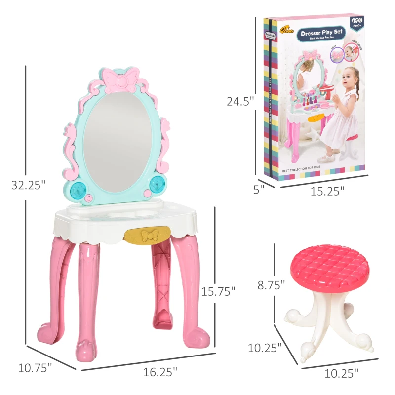 Qaba Kids Vanity Makeup Table Set with Chair and 20-Piece Collection, Princess Vanity Table and Stool with Mirror Lights, Imaginative Toy for 3-4 Years Old