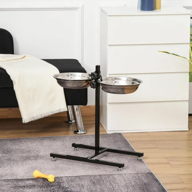 PawHut Adjustable Elevated Dog Bowls, Stainless Steel Dog Double Bowls with H-Base Raised Bowl Stand for Dogs Cats, 22.5"H