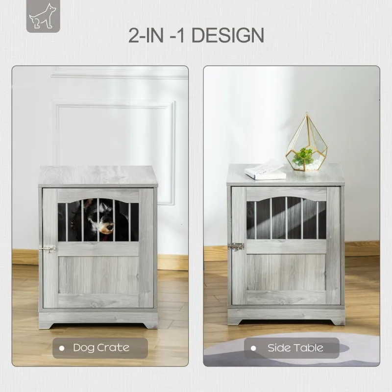PawHut Furniture Style Dog Crate, Wooden End Table Pet Kennel with Lockable Door for Small Medium Dog Indoor Puppy Cage, Gray