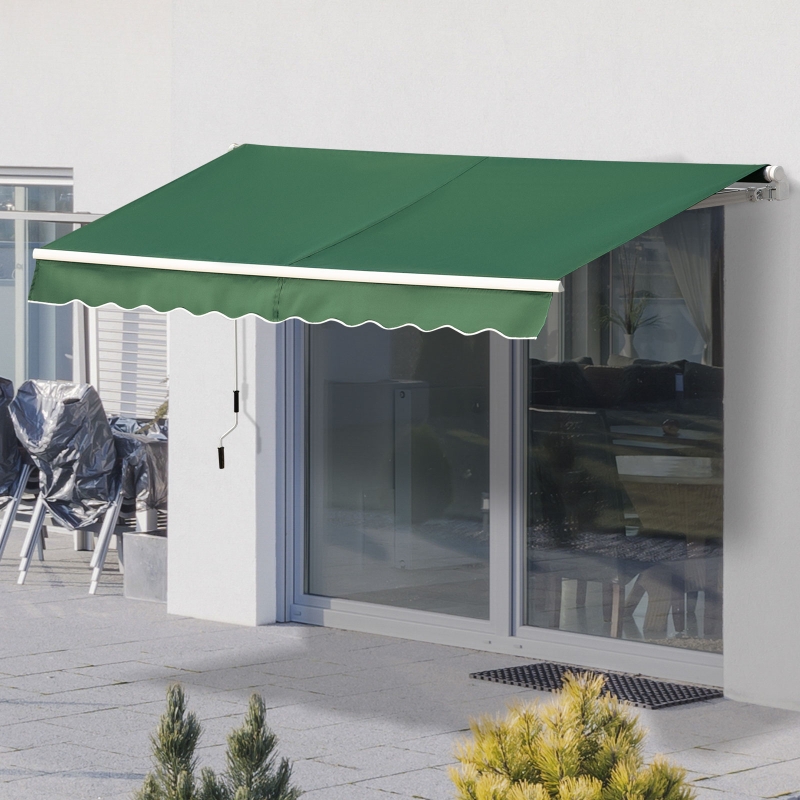 Outsunny 12' x 10' Manual Retractable Awning Sunshade Shelter Outdoor Patio Window Deck Exterior Canopy Shelter Aluminum Frame Crank Handle Green