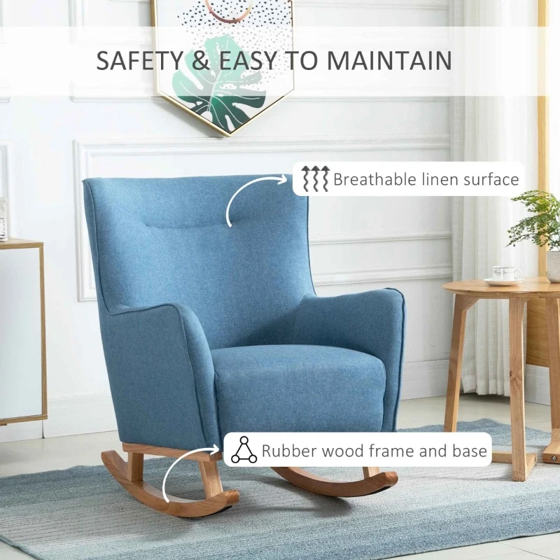 HOMCOM Modern Rocking Chair Sofa Armchair Modern Accent Chair with Thick Padding, Winged Back for Living Room, or Bedroom, Blue