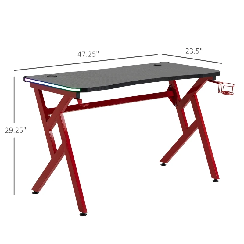 HOMCOM 47 Inch Gaming Desk with LED Lights and Remote Control, Racing Style Computer Table, Home Office Workstation with Cup Holder Headphone Hook, Black and Red