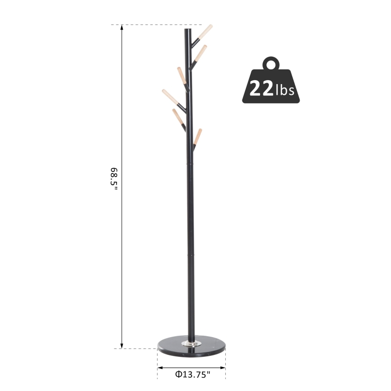 HOMCOM 69" Metal Freestanding Modern Tree Branch 6 Wooden Rack Coat Rack With Marble Base - Black