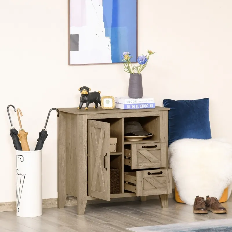 HOMCOM Sideboard, Farmhouse Buffet Cabinet with Storage Open Shelf, 2 Drawers and Open Countertop, Oak Finish