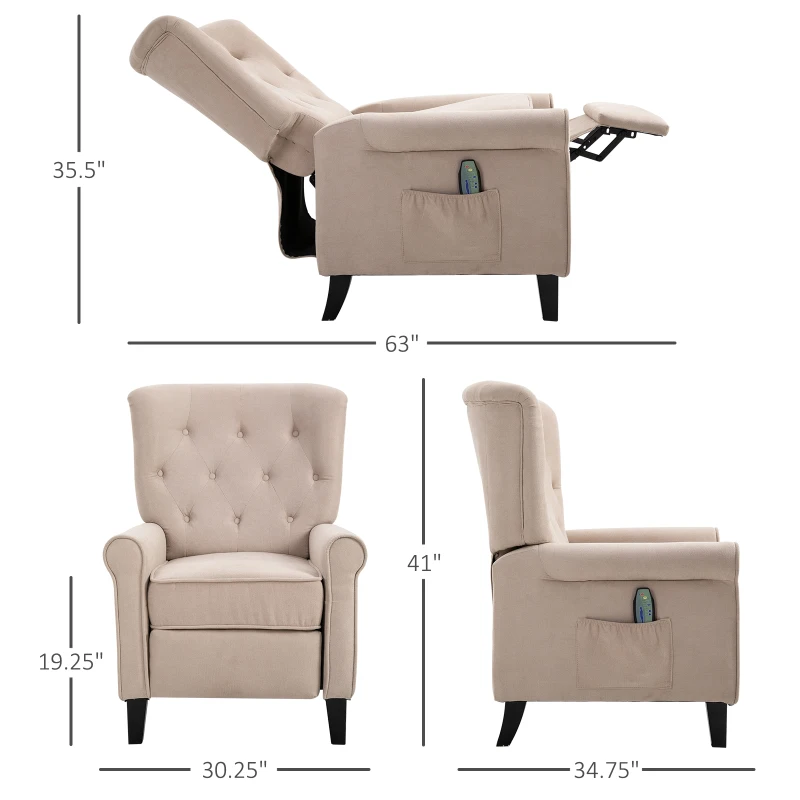 HOMCOM Linen Fabric Manual Recliner with Vibrating Massage and Wired Remote Control - Cream White