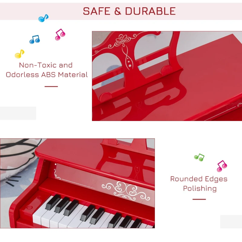 Qaba Kids Mini Piano Toy with 25 Keys Simulated Piano Sound, a Realistic Piano Look, &  Side Book Holder, Red