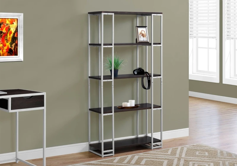 Monarch 60" Contemporary Open Concept 4 Shelf Bookshelf - Cappuccino / Silver Metal