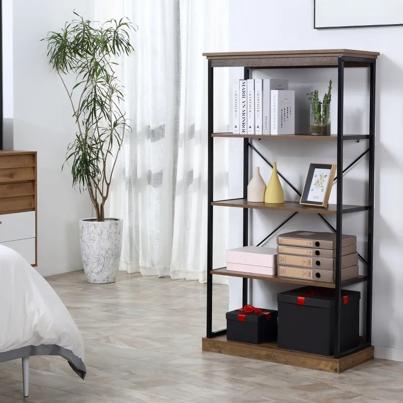HOMCOM 4-Tier Industrial Modern Style Open Standing Bookshelf Organizer Storage Rack for Living Room, Bedroom, Brown / Black