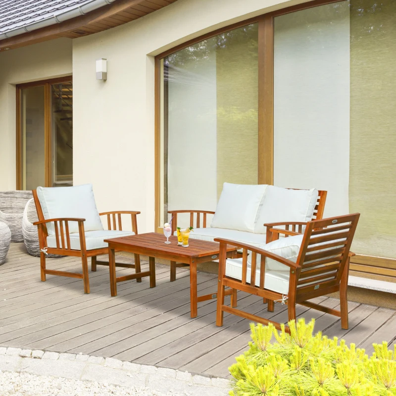 Outsunny 4 Piece Solid Acacia Wood Conversation Set Outdoor Patio Furniture Chat Set w/ Armchairs, Loveseat, Center Coffee Table & Cushions Teak/Cream