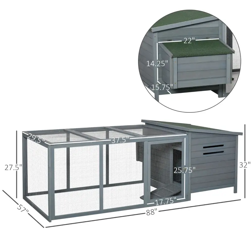PawHut 88" Large Wooden Chicken Coop Outdoor Hen House Poultry Cage Pen Backyard with Run, Nesting Box, Waterproof Roof and Removable Tray, Gray