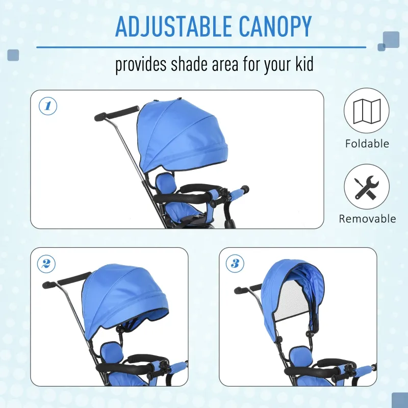 Qaba Baby Tricycle 2 In 1 Trike with Adjustable Canopy Detachable Guardrail Belt for Age 6-60 Months, Blue