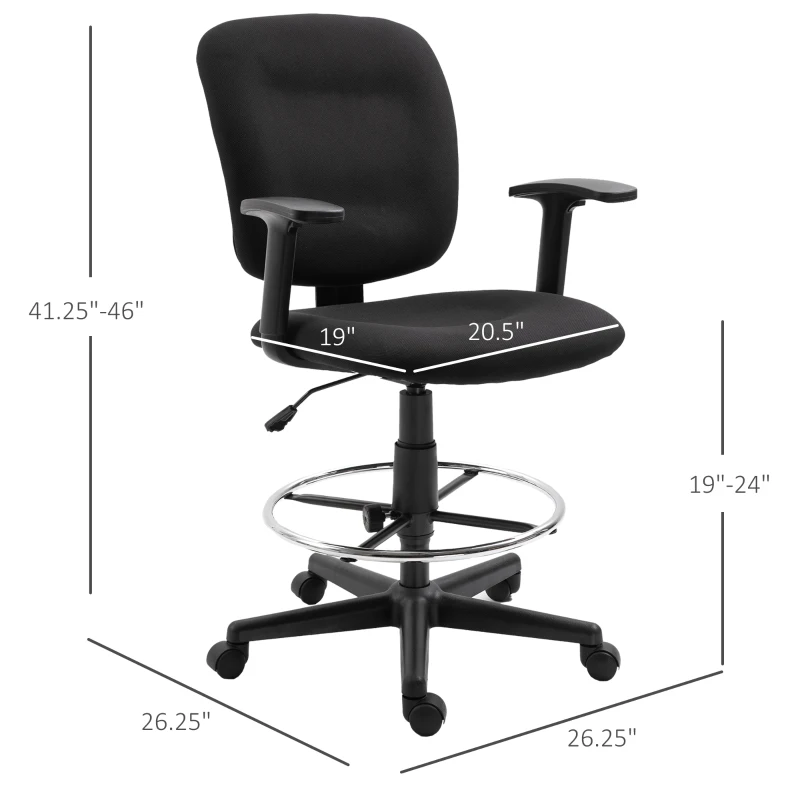Vinsetto Ergonomic Studio Mid-Back Draft Chair with Adjustable Seat Height, Foot Ring, Armrest, 360° Swivel - Polyester
