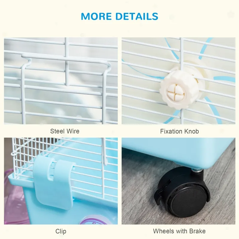 PawHut Hamster Cage, Gerbil Haven, Multi-storey Rodent House, Small Animal Habitats, Large Hide-out, w/ Water Bottle, Tubes, Exercise Wheel, Food Dish, Ramp, Shower Room, Light Blue