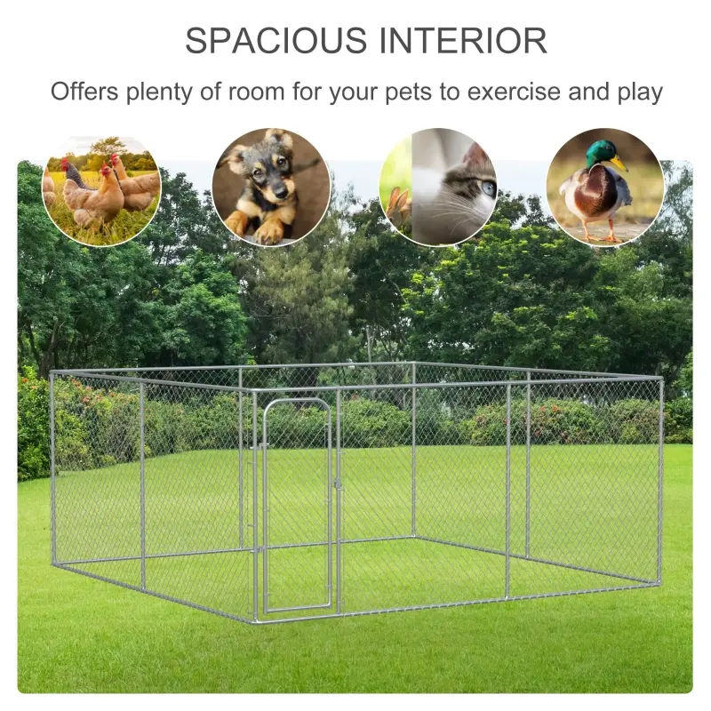 PawHut Dog Kennel Outdoor Galvanized Chain Link Fence Heavy Duty Pet Run House Chicken Coop with Secure Lock Mesh Sidewalls for Backyard Garden Silver, 13' L x 13' W x 5.9' H