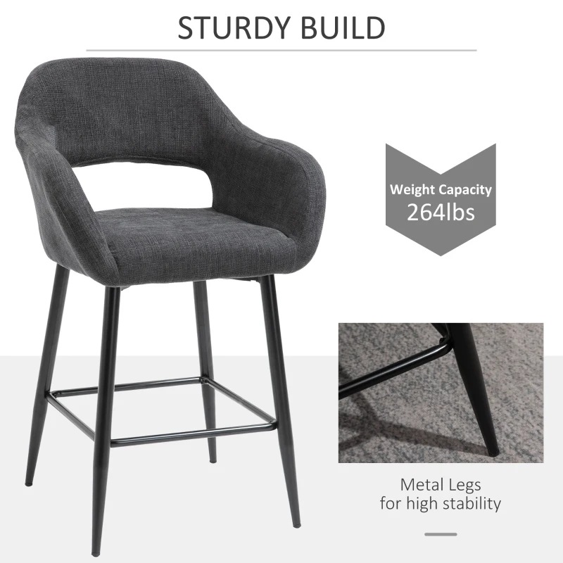 HOMCOM Counter Height Bar Stool Linen Fabric Upholstered Barstool Kitchen Breaskfast Chair with Footrest & Metal Legs, Dark Grey