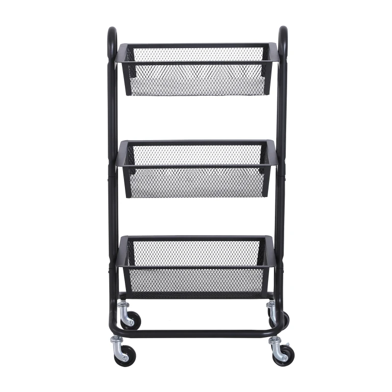 HOMCOM 3-Tier Rolling Cart Multifunction Utility Cart Storage Cart Trolley on Wheels with Mesh  Metal Basket Black