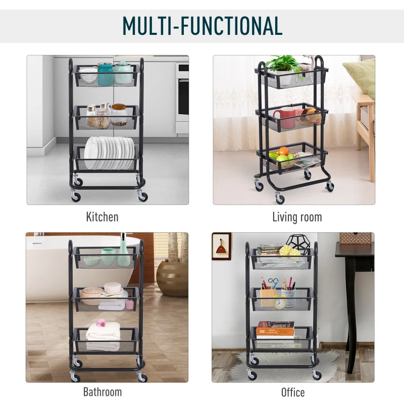 HOMCOM 3-Tier Rolling Cart Multifunction Utility Cart Storage Cart Trolley on Wheels with Mesh  Metal Basket Black