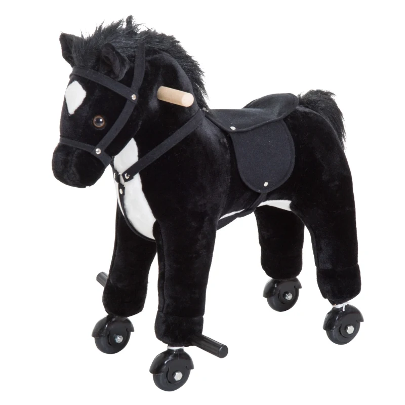 Qaba Kids Interactive Plush Mechanical Walking Ride On Horse Toy with Wheels - Black