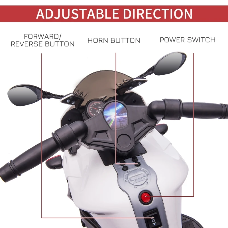 Aosom 6V Kids Motorcycle Dirt Bike Electric Battery-Powered Ride-On Toy Off-road Street Bike for Children with Rechargeable Battery, Pedal, Horn, Headlights, and Training Wheels for Balance White