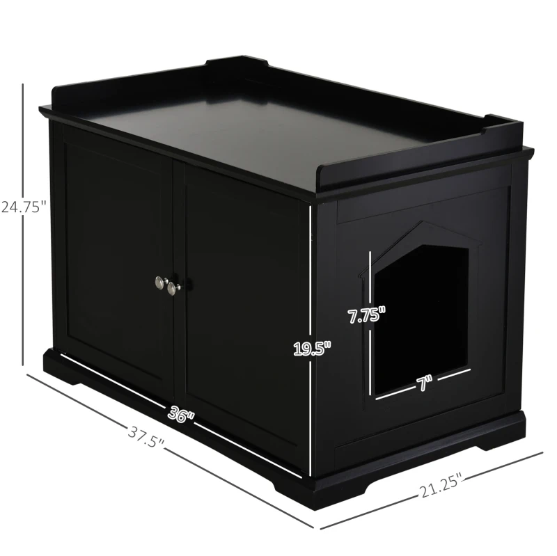 PawHut 37.5" Wooden Covered Mess Free Cat Litter Box End Table Hideaway Cabinet with Storage for Accessories, Black