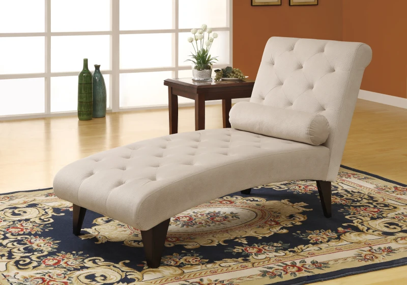 Monarch Upholstered Plush Tufted Faux Velvet Chaise Lounge with Cylinder Pillow - Taupe