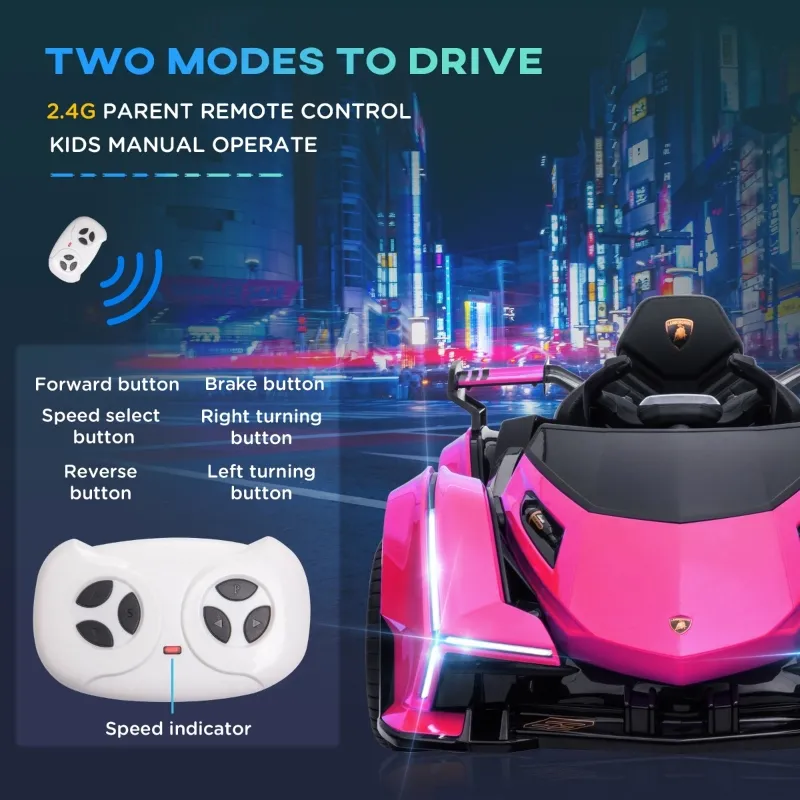 Aosom 12V Electric Ride-on Car, Licensed Lamborghini V12 Vision Gran Turismo Battery-Powered Ride-on Toy with Remote Control, Bluetooth, Music, LED Lights, for 3-6 Year Old Boys and Girls, Pink