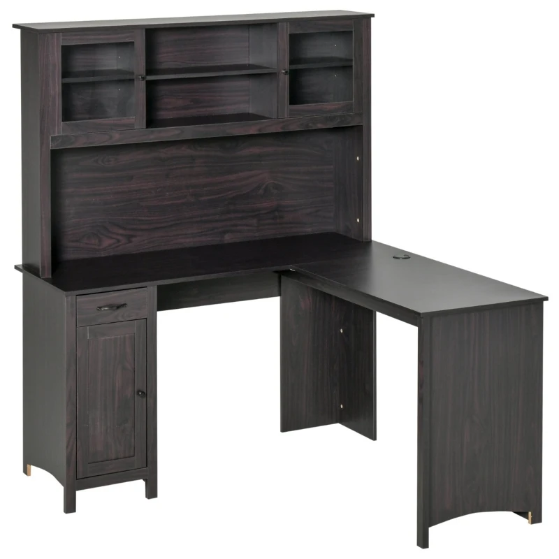 HOMCOM L-Shaped Desk with Hutch, Computer Desk with Drawers, Home Office Corner Desk Study Workstation Table with Storage Cabinets Shelves, Dark Gray