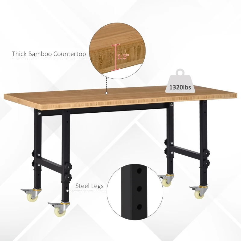 HOMCOM 59" Mobile Workbench - Large Bamboo Tabletop Project Station, Versatile & Durable, Ideal for DIY Enthusiasts & Craftsmen
