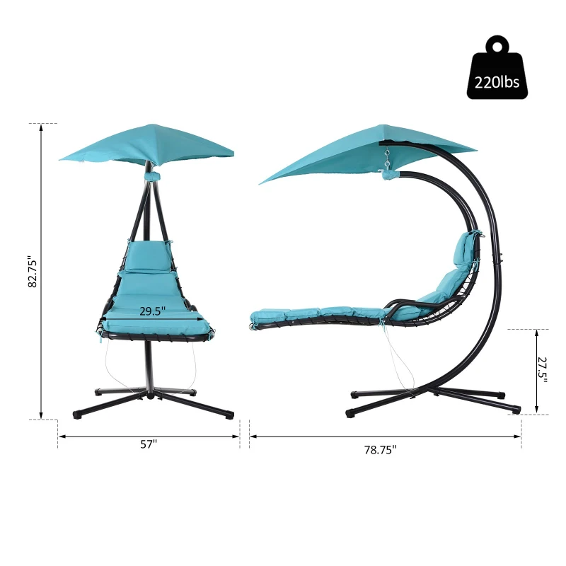 Outsunny Single Floating Chaise Lounge Curved Outdoor Porch Swing Chair Hanging Hammock Reclining Seat w/Arc Stand & Canopy Blue