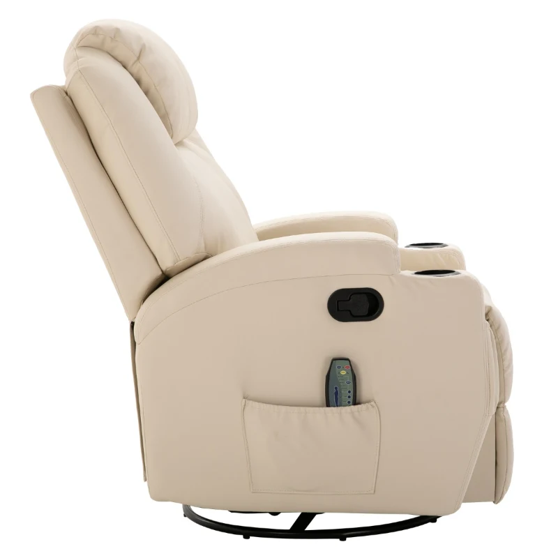 HOMCOM PU Leather Massing Recliner with 8-Point Vibration, Cup Holders, Manual Pull Handle and 360 Swivel, Beige