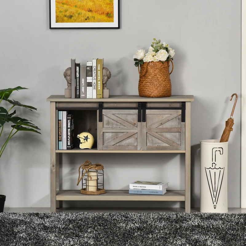 HOMCOM Farmhouse Style Console Table with Sliding Barn Doors and 4 Open Storage Compartments and Elevated Base, Grey
