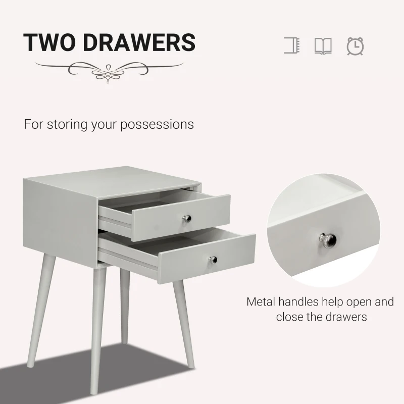 HOMCOM Side Table, Modern End Table with 2 Pull Out Drawers, Bedside Table with Display Tabletop and Solid Acacia Legs, Gray