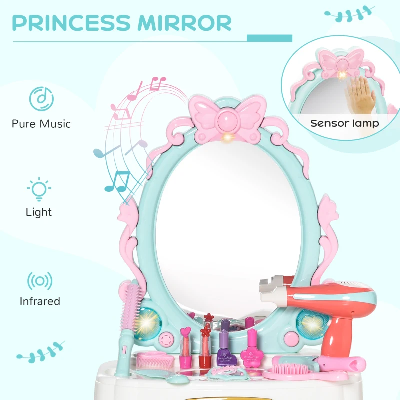 Qaba Kids Vanity Makeup Table Set with Chair and 20-Piece Collection, Princess Vanity Table and Stool with Mirror Lights, Imaginative Toy for 3-4 Years Old