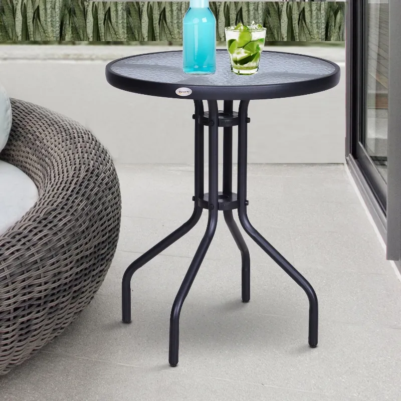 Outsunny 24" Patio Table Round Tempered Glass Top Outdoor Dining Steel Frame Backyard