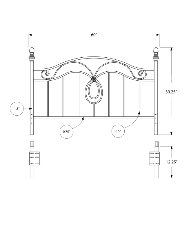 Monarch 60" Arched Scroll Vertical Slat Black Finish Metal Motif Headboard - Fits Full or Queen Size Bed Frame
