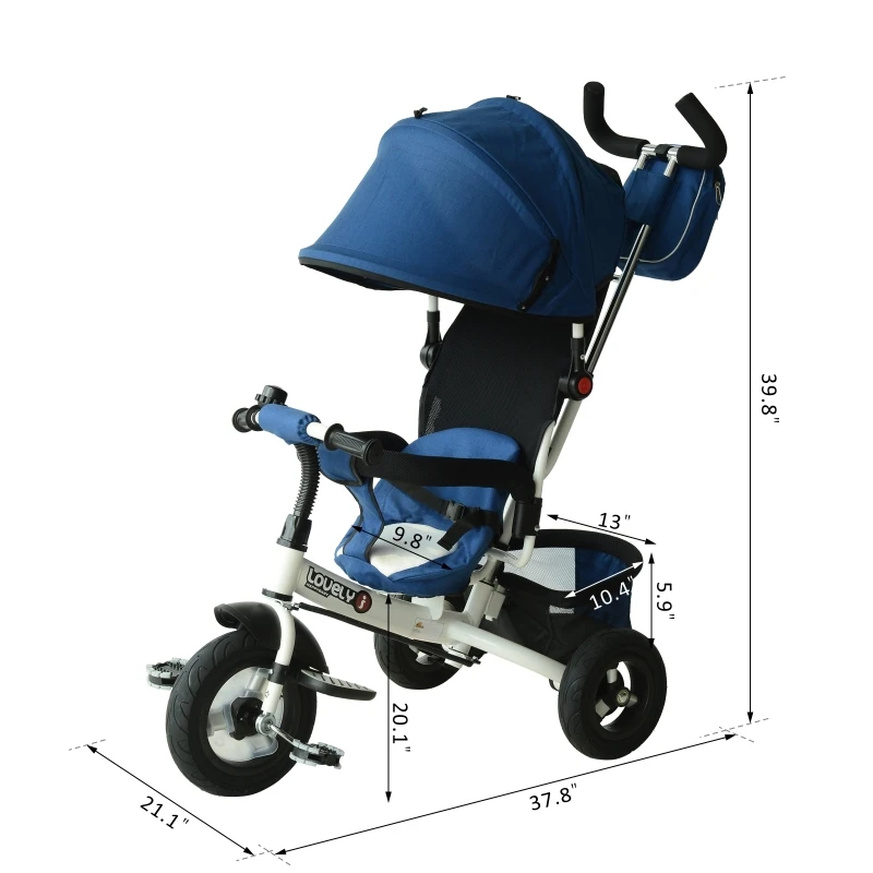 Qaba 4-in-1 Baby Tricycle & Stroller Kids Trike w/ Pushbar & Canopy Toddler Blue