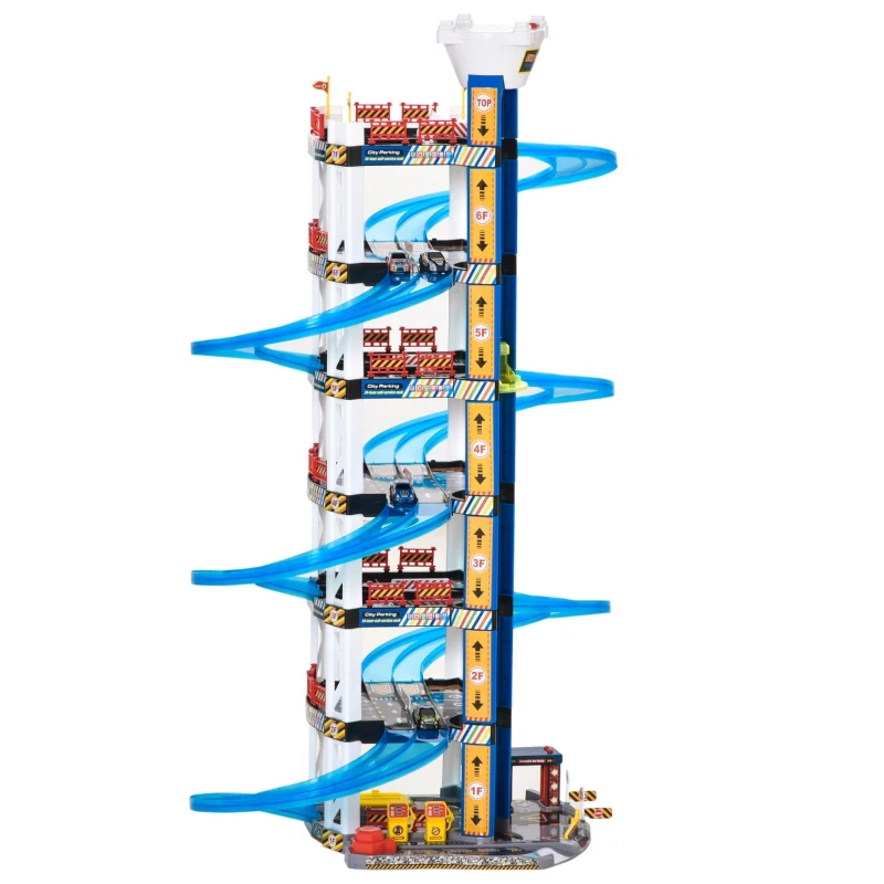Qaba 7-Level Car Parking Garage Toy Dual Race Tracks Car Ramp Set Toddler Car Games 102 PCS w/ Electric Elevator Wash, Gas, Ejector & Car Repair Station Metal Cars for 3-6 Years Old