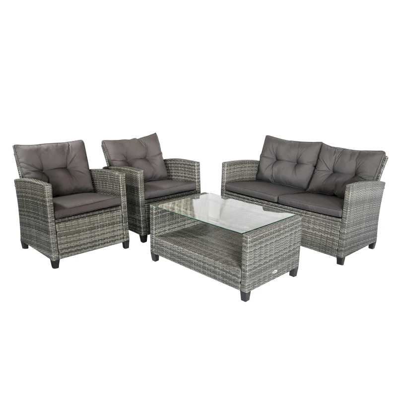 Outsunny 4 Pieces Patio Furniture Sets with Cushions, PE Rattan Wicker Conversation Chairs with Two-Tier Coffee Table for Backyard Porch Garden Poolside and Deck, Charcoal Gray