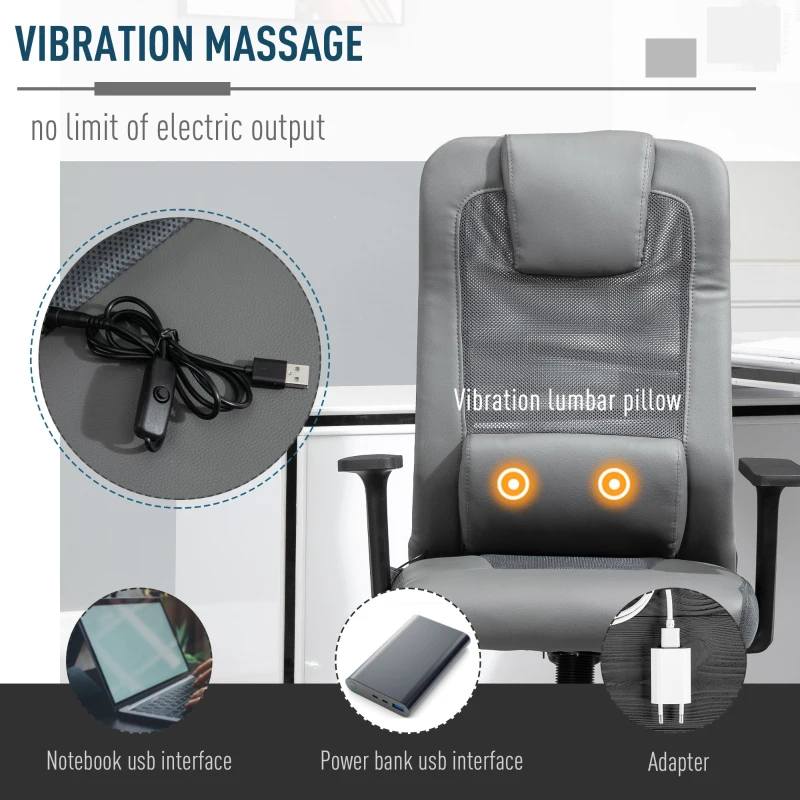 Vinsetto Mesh Office Chair with Rechargeable Electric Vibration Massage Lumbar Rocking, with Pillow, Wheels - Grey