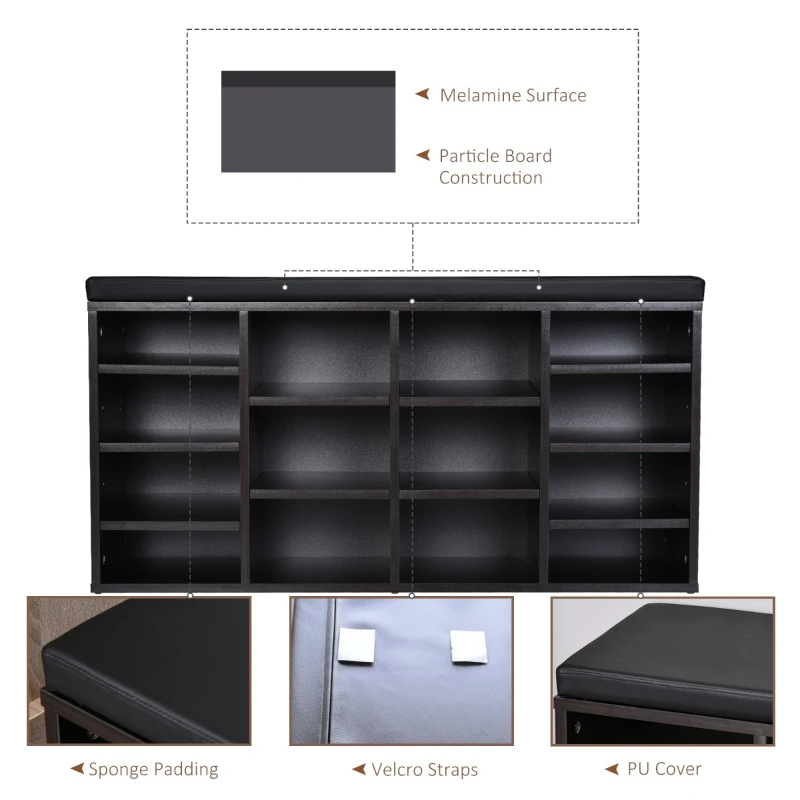 HomCom Upholstered Shoe Entryway Bench Rack with Comfortable PU Cushion Bench & Flexible Shelving Options, Brown