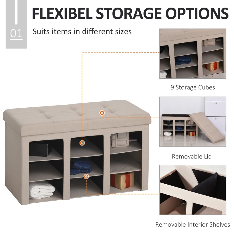 HOMCOM Modern Folding Shoe Storage Bench with Flipping Lid, Ottoman Bench for Bedroom & Hallway with 9 Cubes, Beige